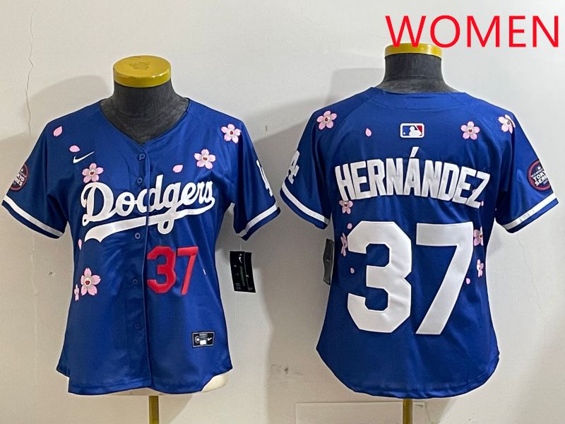 Women Los Angeles Dodgers 37 Hernandez Blue Sakura Edition 2025 Nike MLB Jersey style 2